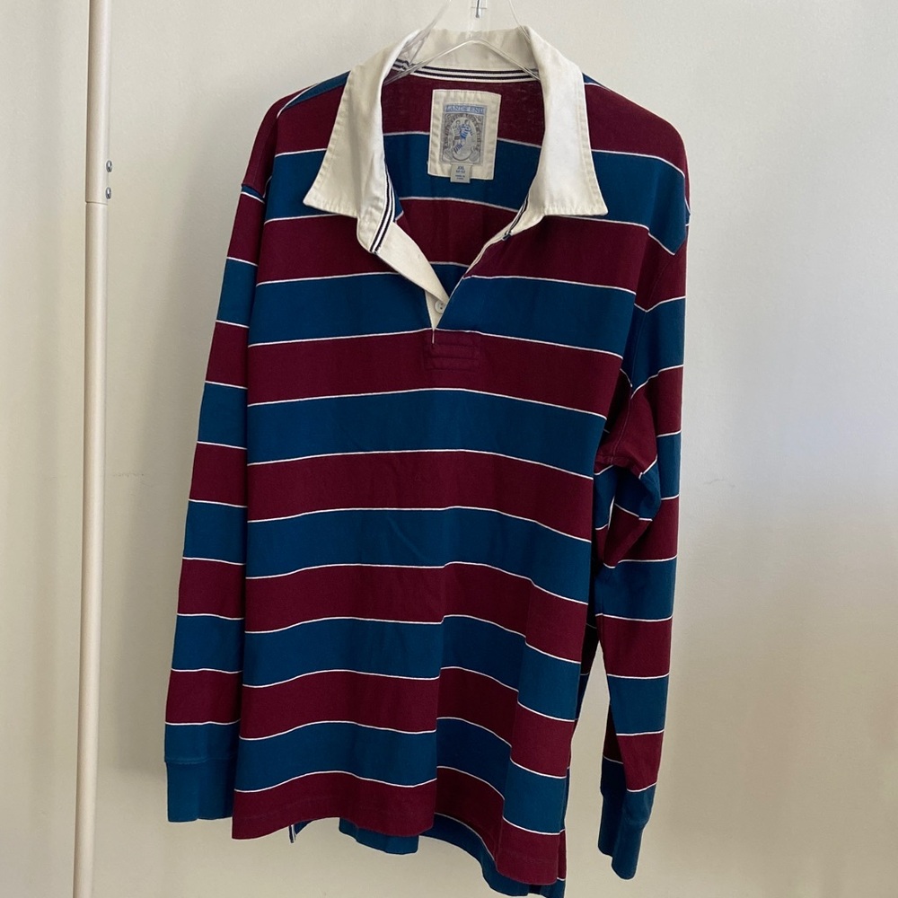 Lands’ End Blue/Cranberry Striped Polo Top XXL 100% Cotton
